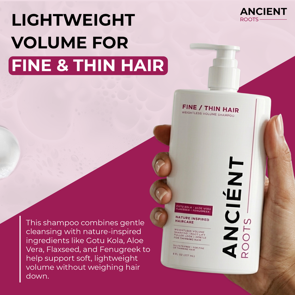 Ancient Roots Shampoo for Fine or Thin Hair, Weightless Volume Shampoo with Gotu Kola, Aloe Vera, Flaxseed and Fenugreek, 8 Fl Oz