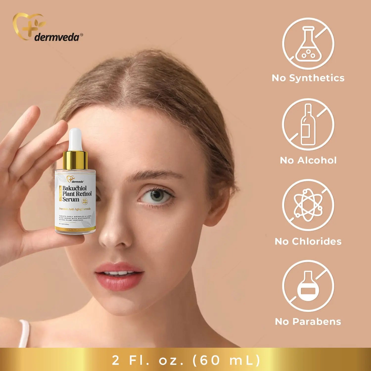 Woman holding Organic Bakuchiol plant Retinol Serum bottle