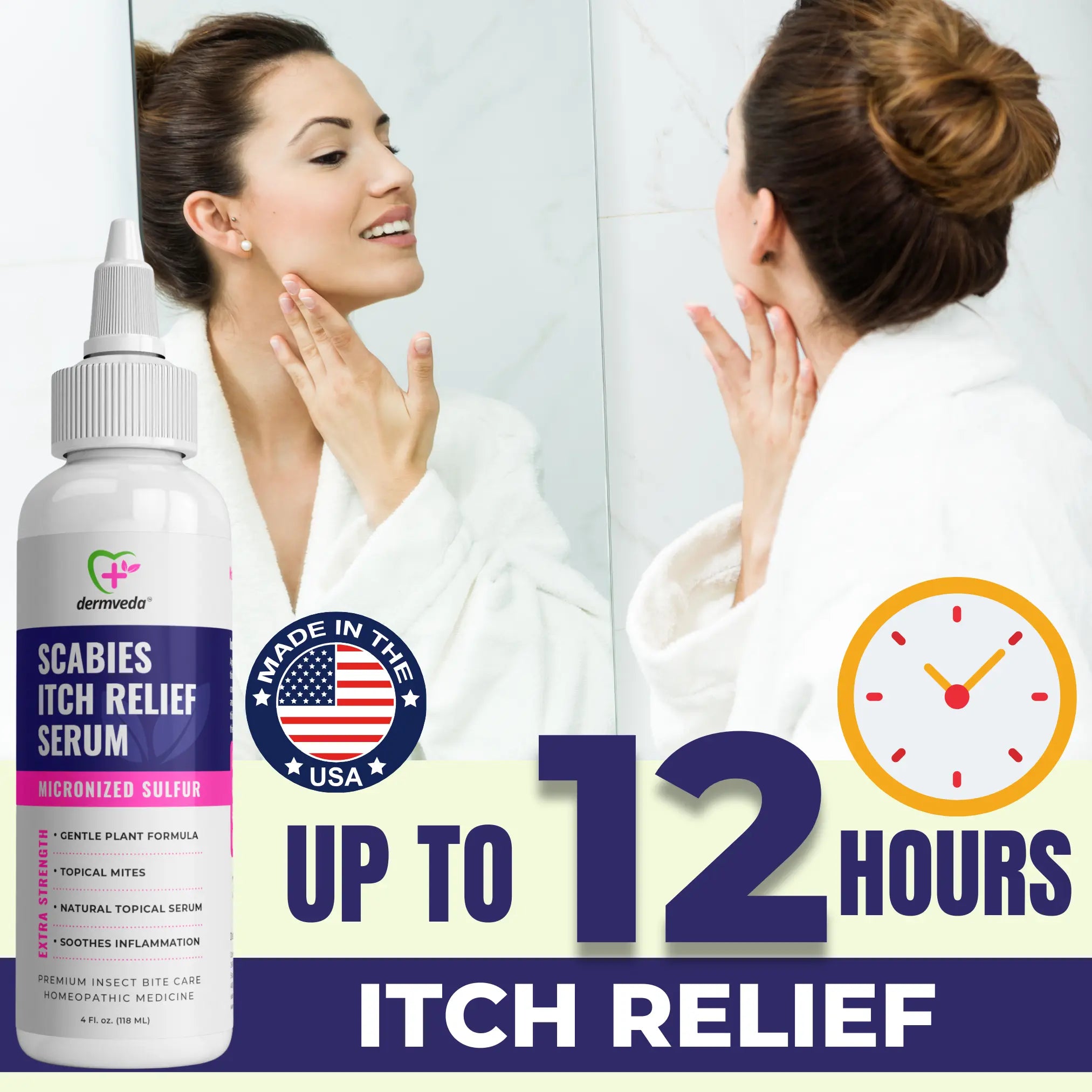 Dermveda itch relief serum, provides relief from topical mites for up to 12 hours.