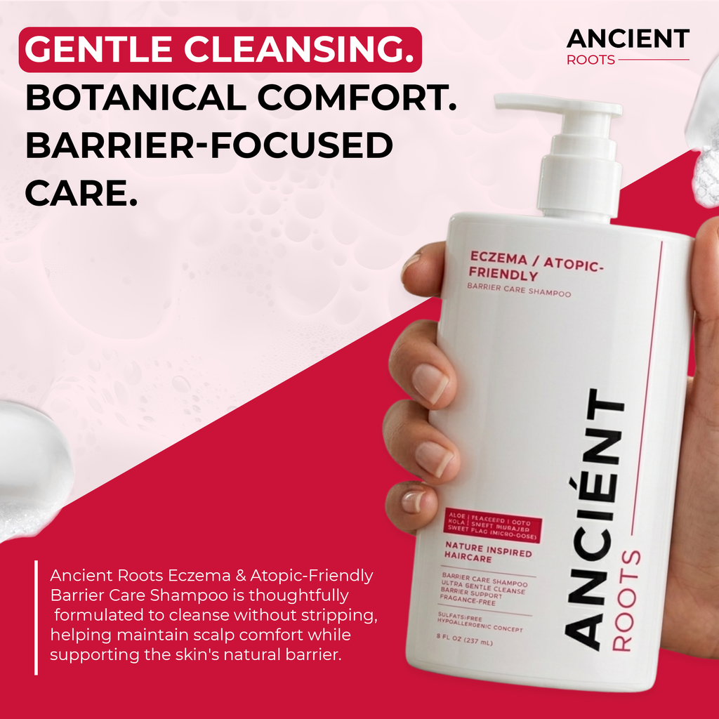 Ancient Roots Eczema Atopic Friendly Shampoo for Reactive Scalp, Barrier Care Shampoo with Aloe Vera, Flaxseed, Gotu Kola, Sweet Indrajao and Sweet Flag, 8 Fl Oz