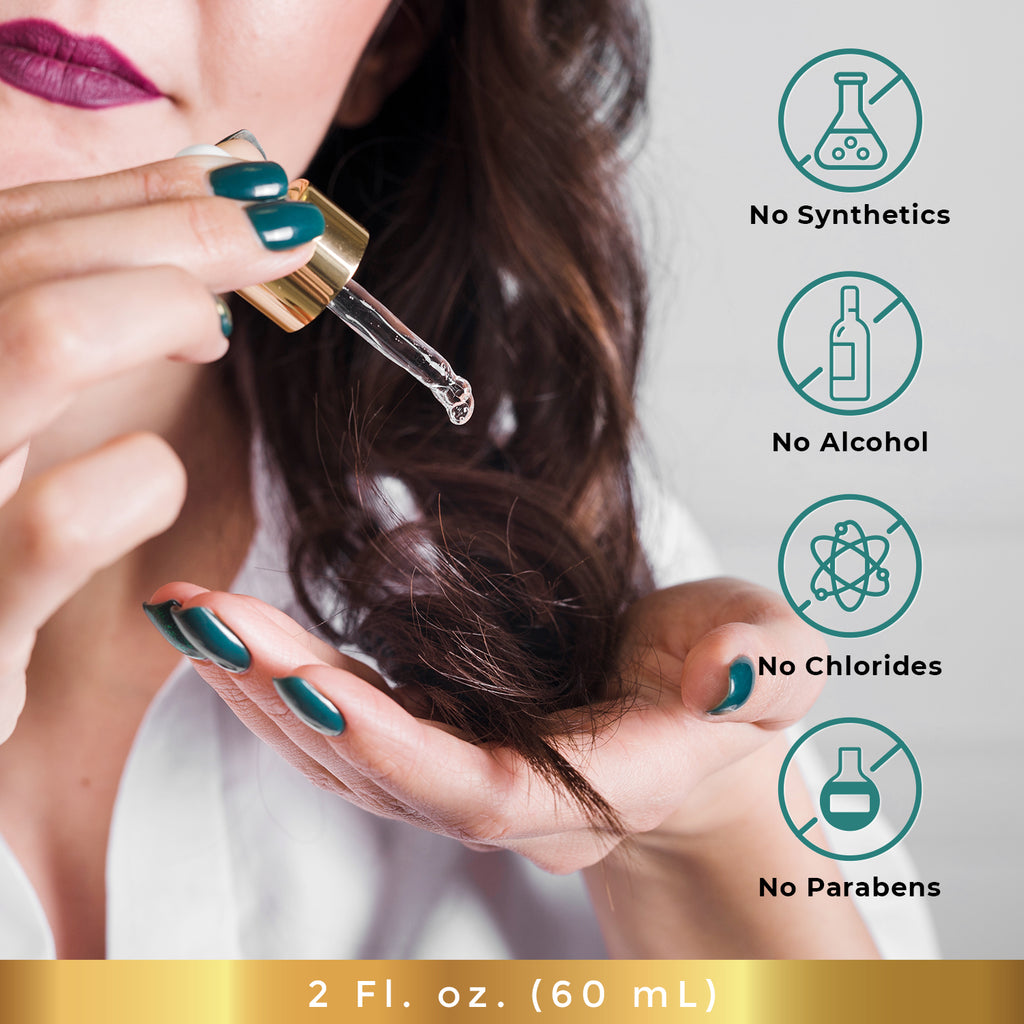 Person applying a Dermveda dropper to hair with product features highlighted