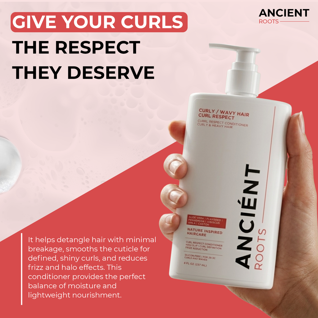 Ancient Roots Curly/Wavy Hair Curl Respect Conditioner with Aloe Vera, Flaxseed, Fenugreek, Hibiscus, Amla and Castor, High Slip Care for 2B-3C Curls, 8 Fl Oz
