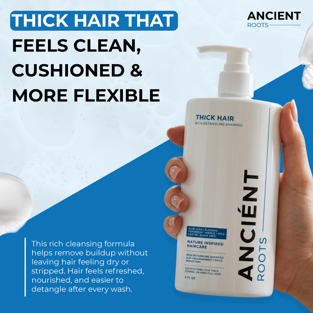 Ancient Roots Thick Hair Rich Detangling Shampoo, Sulfate Free Shampoo, Aloe Vera Flaxseed Fenugreek Hibiscus Amla, Frizz Control Nourishing Cleanse and Smoothness, 8 Fl Oz
