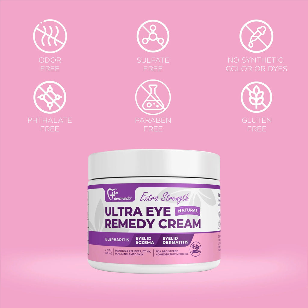 Jar of Ultra Eye Remedy Cream with free-from icons on a pink background