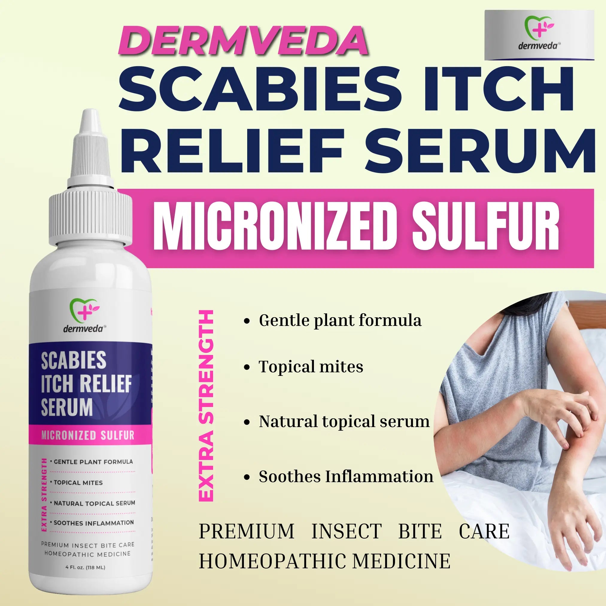 Dermveda Scabies Itch Relief serum with micronized sulfur for topical mites treatment