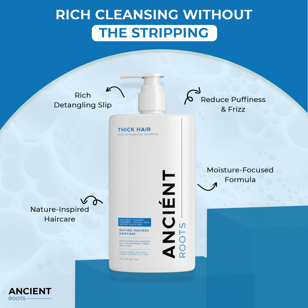 Ancient Roots Thick Hair Rich Detangling Shampoo, Sulfate Free Shampoo, Aloe Vera Flaxseed Fenugreek Hibiscus Amla, Frizz Control Nourishing Cleanse and Smoothness, 8 Fl Oz