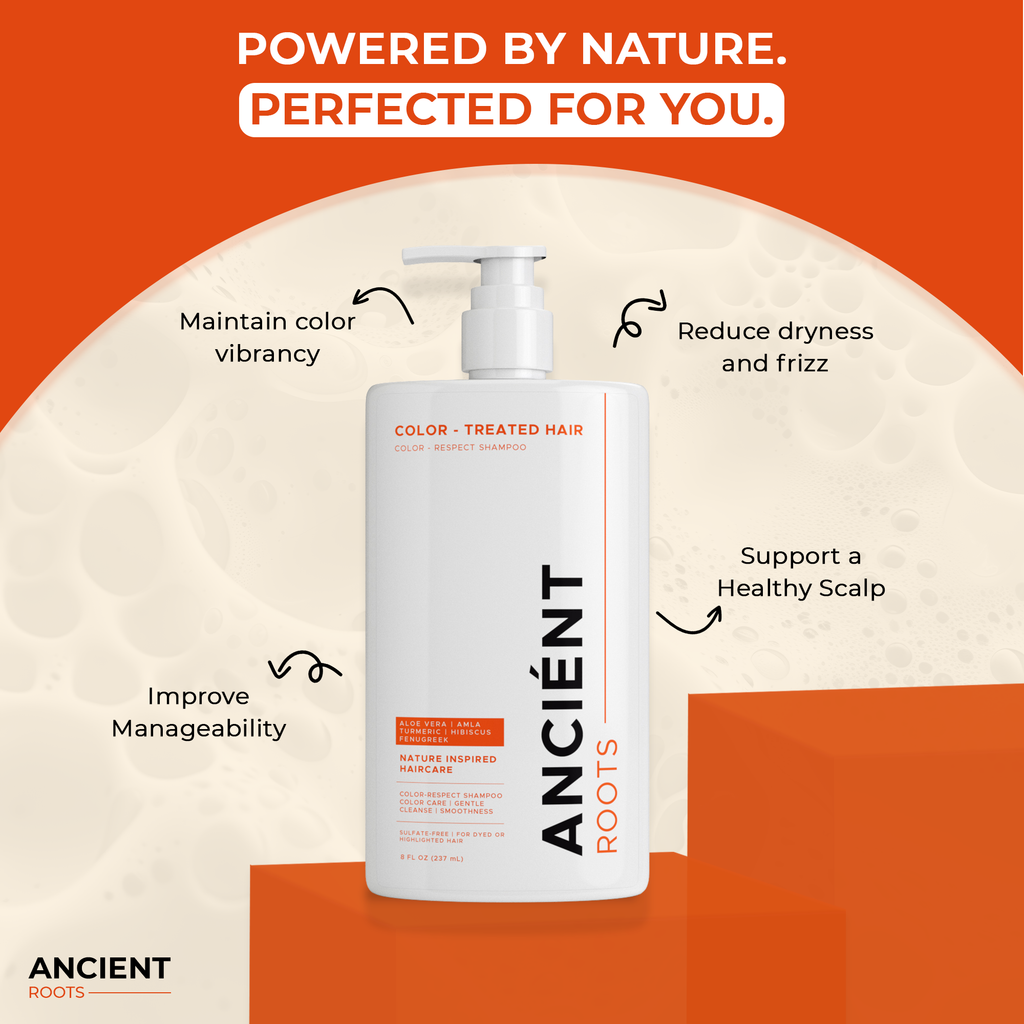 Ancient Roots Color-Respect Shampoo for Color-Treated Hair, Sulfate Free Shampoo, Aloe Vera Reetha Shikakai Amla Turmeric, Gentle Cleanse Smoothness Shine Support, 8 Fl Oz