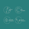 Set of icons indicating cruelty-free, paraben-free, organic, and vegan product certifications on a teal background.