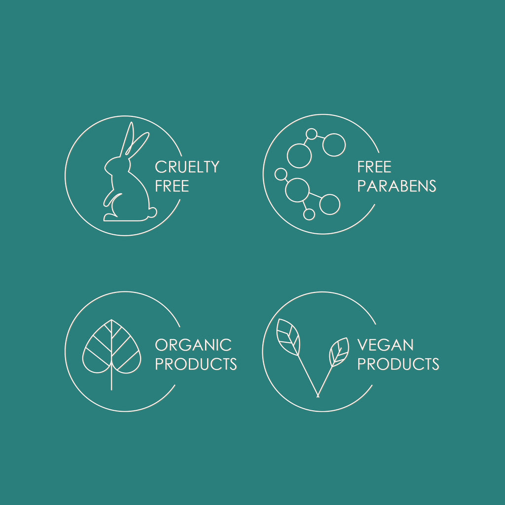 Set of icons indicating cruelty-free, paraben-free, organic, and vegan product certifications on a teal background.