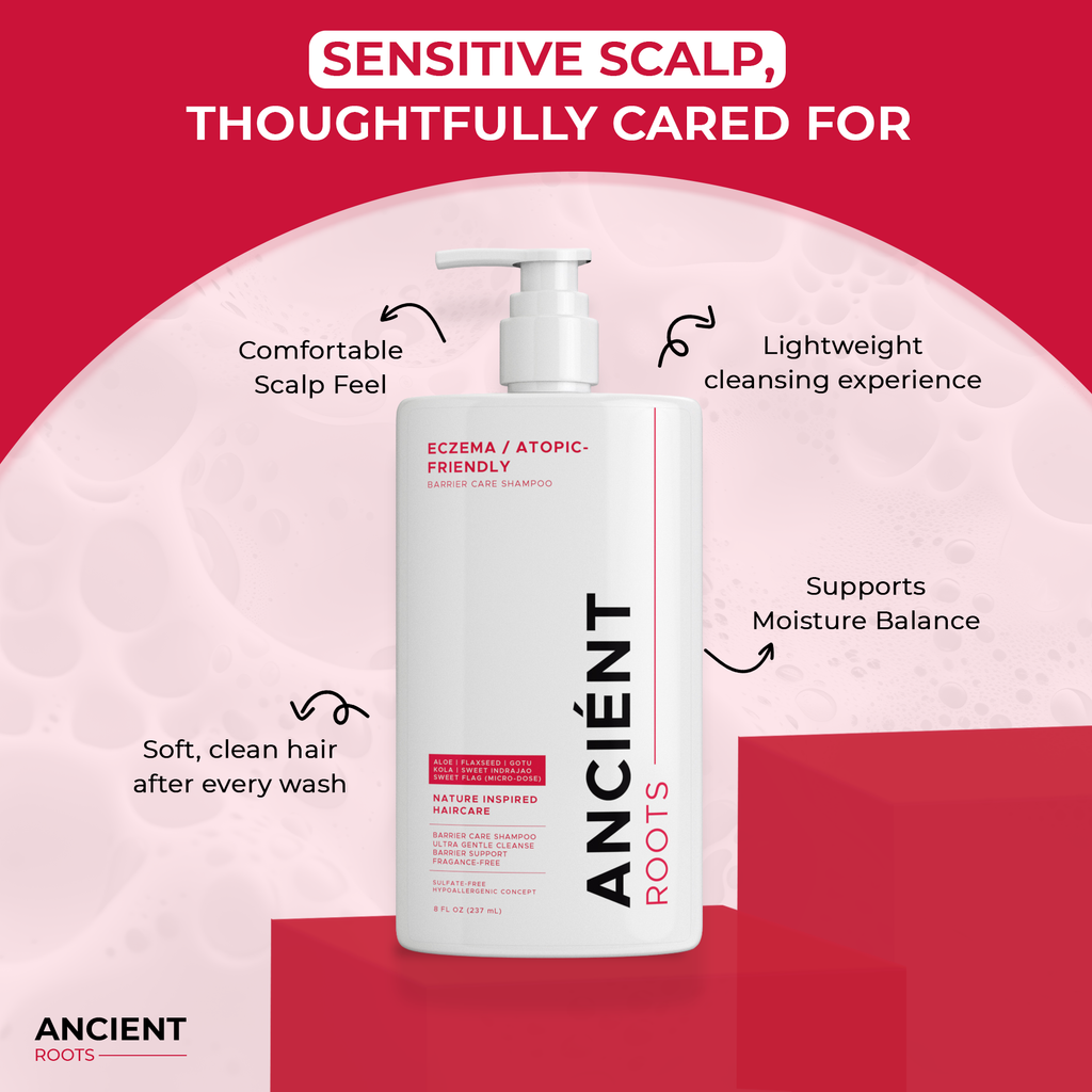Ancient Roots Eczema Atopic Friendly Shampoo for Reactive Scalp, Barrier Care Shampoo with Aloe Vera, Flaxseed, Gotu Kola, Sweet Indrajao and Sweet Flag, 8 Fl Oz