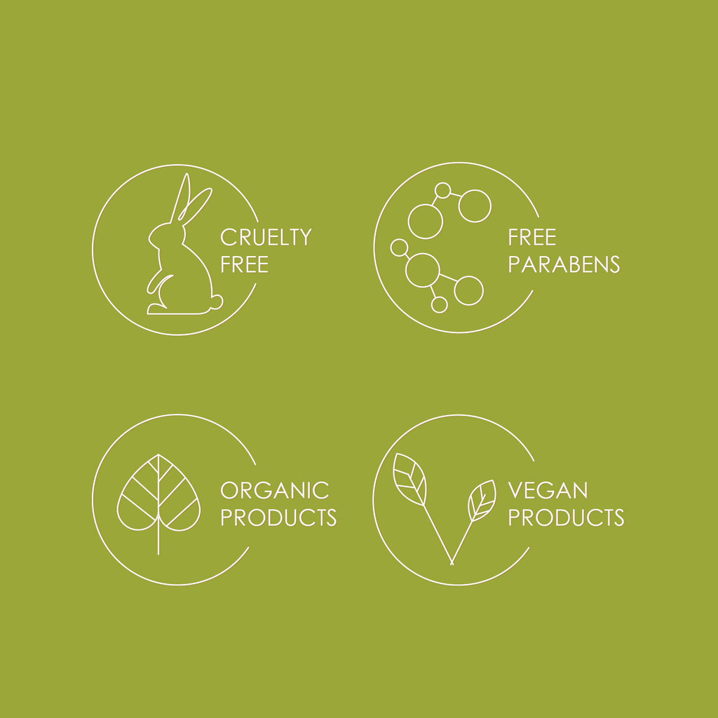 Set of icons indicating cruelty-free, paraben-free, organic, and vegan product certifications on a green background.
