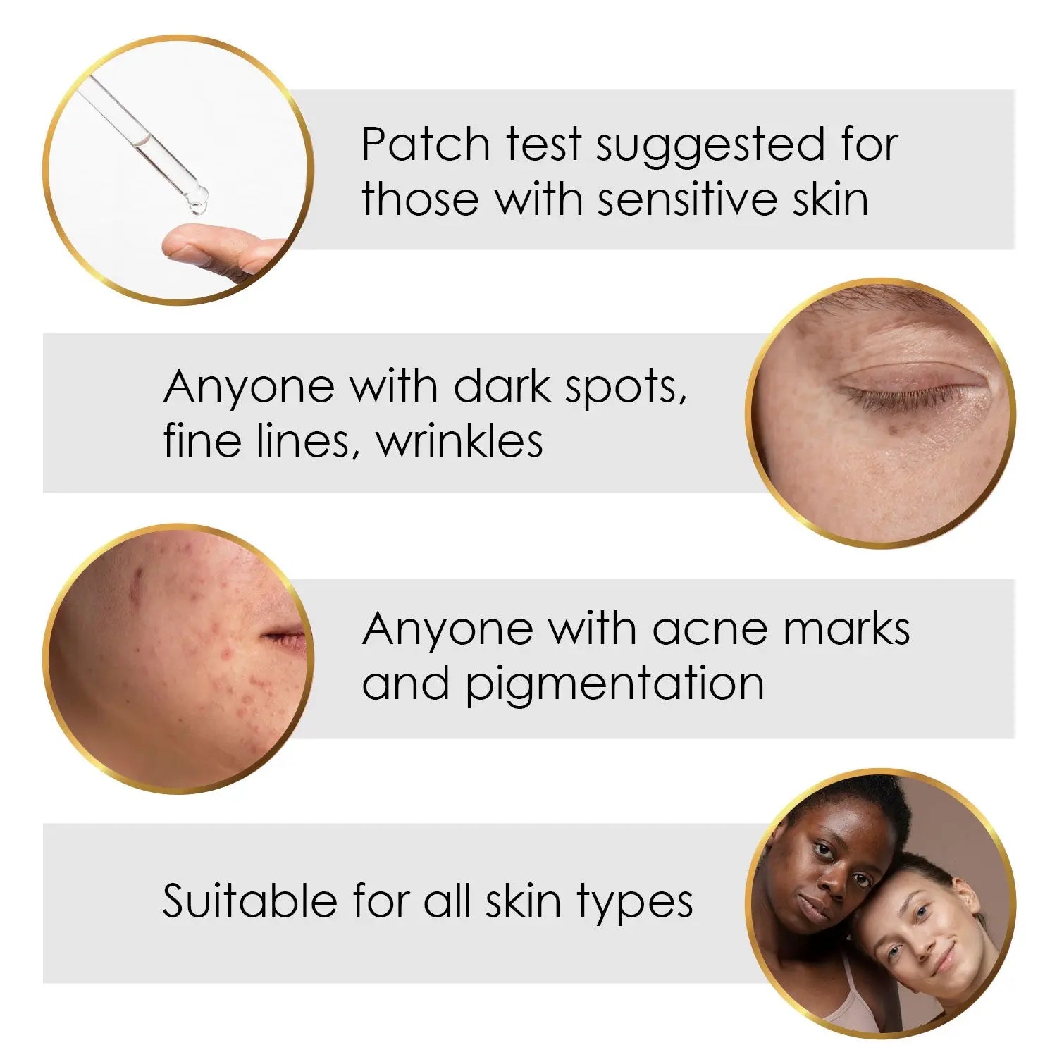 Bakuchiol serum for dark spots, fine lines, acne, pigmentation, and suitable for all skin types.