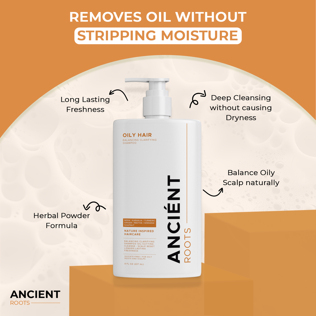 Ancient Roots Balancing Clarifying Shampoo with Neem, Karanja, Turmeric, Ginger, Reetha and Shikakai for Oily Roots and Scalp, 8 Fl Oz