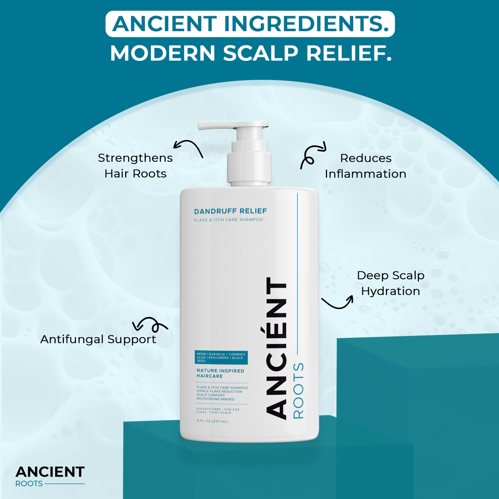 Ancient Roots Dandruff Relief Shampoo for Flaky Itchy Scalp, Sulfate Free Scalp Care with Neem Karanja Turmeric Aloe Fenugreek Black Seed, Visible Flake Reduction, 8 Fl Oz