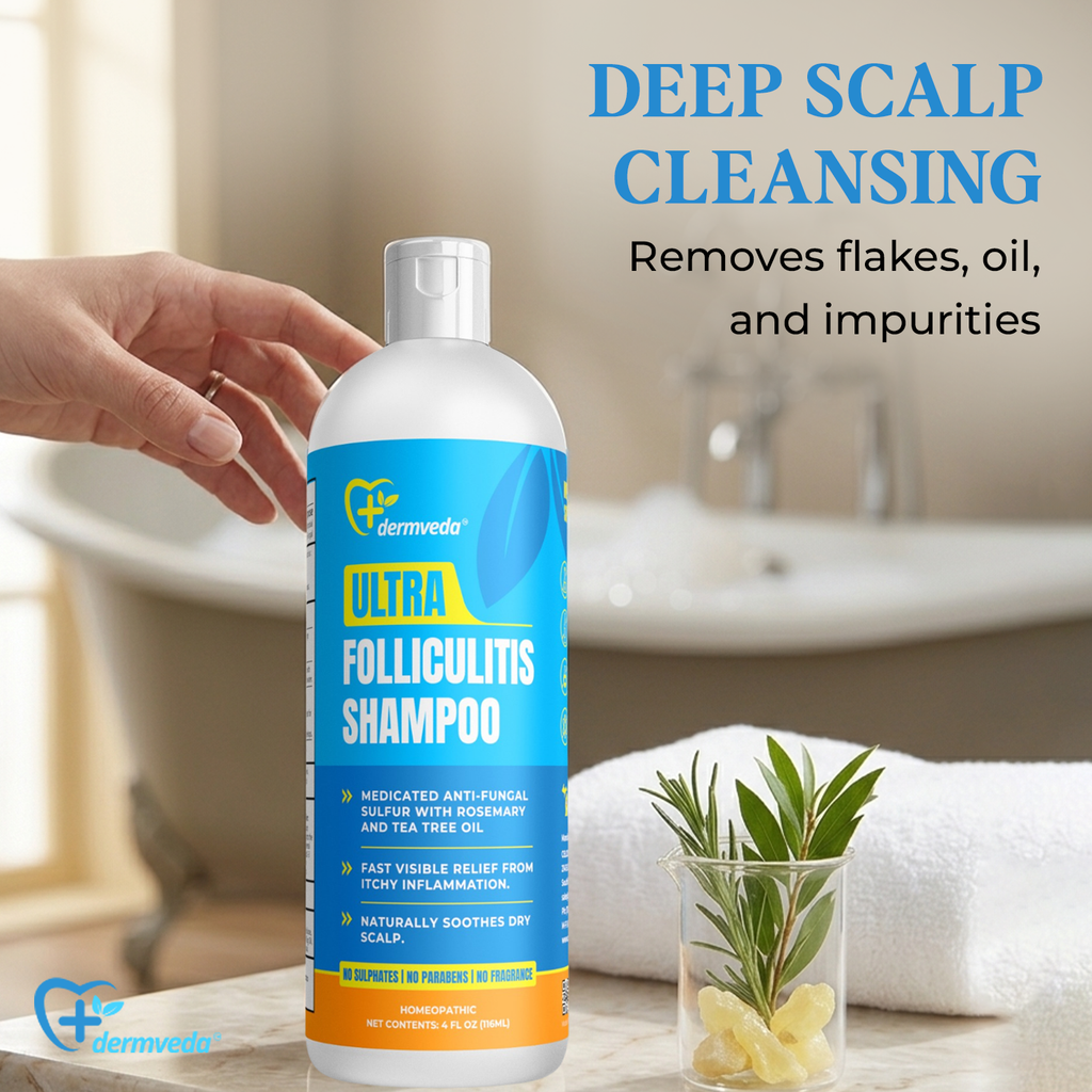 Dermveda Folliculitis Shampoo for Itchy Dry Scalp Flaking and Scaling, Fragrance-Free Homeopathic Formula, 4 Fl Oz