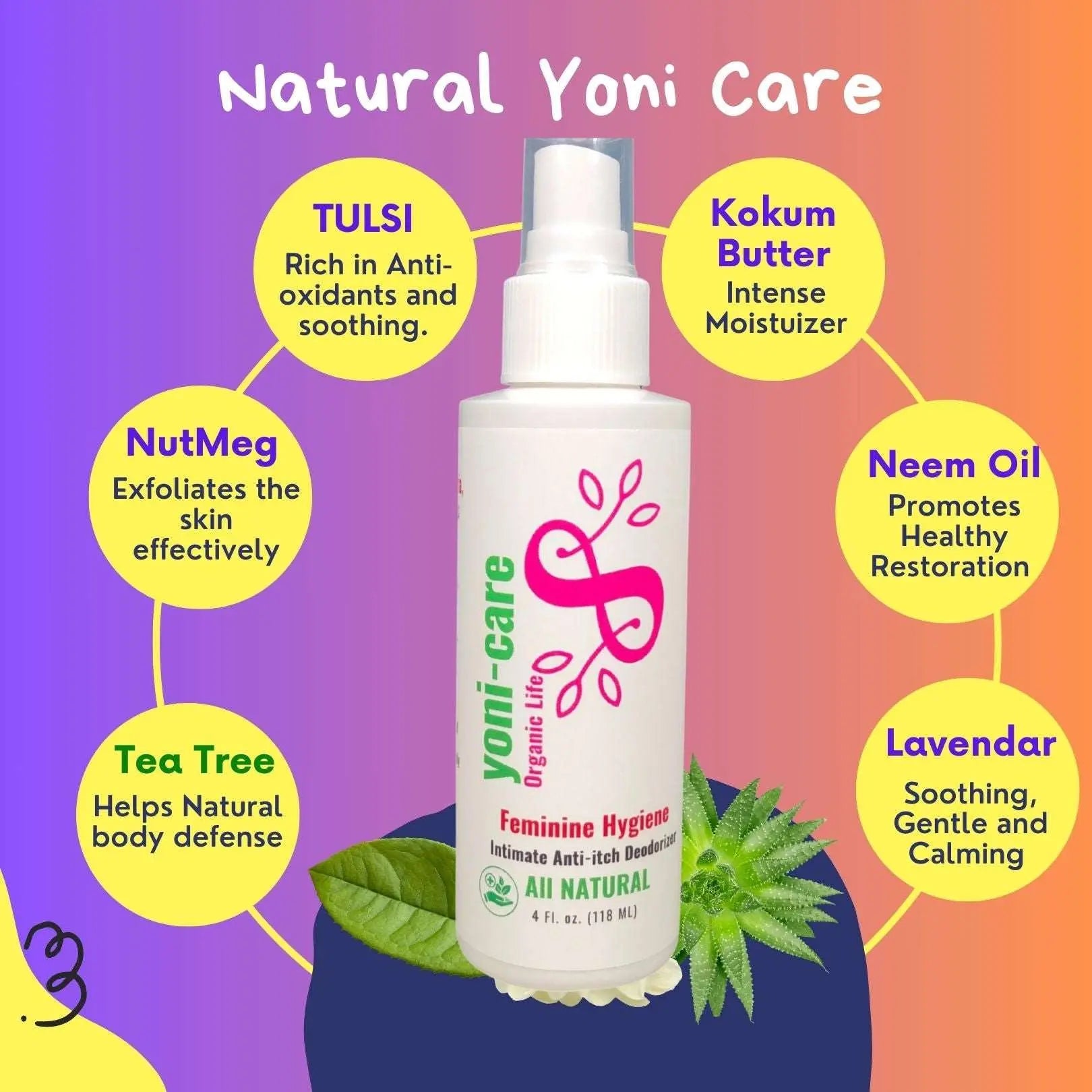 Yoni-Care feminine hygiene spray with natural herbs for intimate anti-itch deodorizing.
