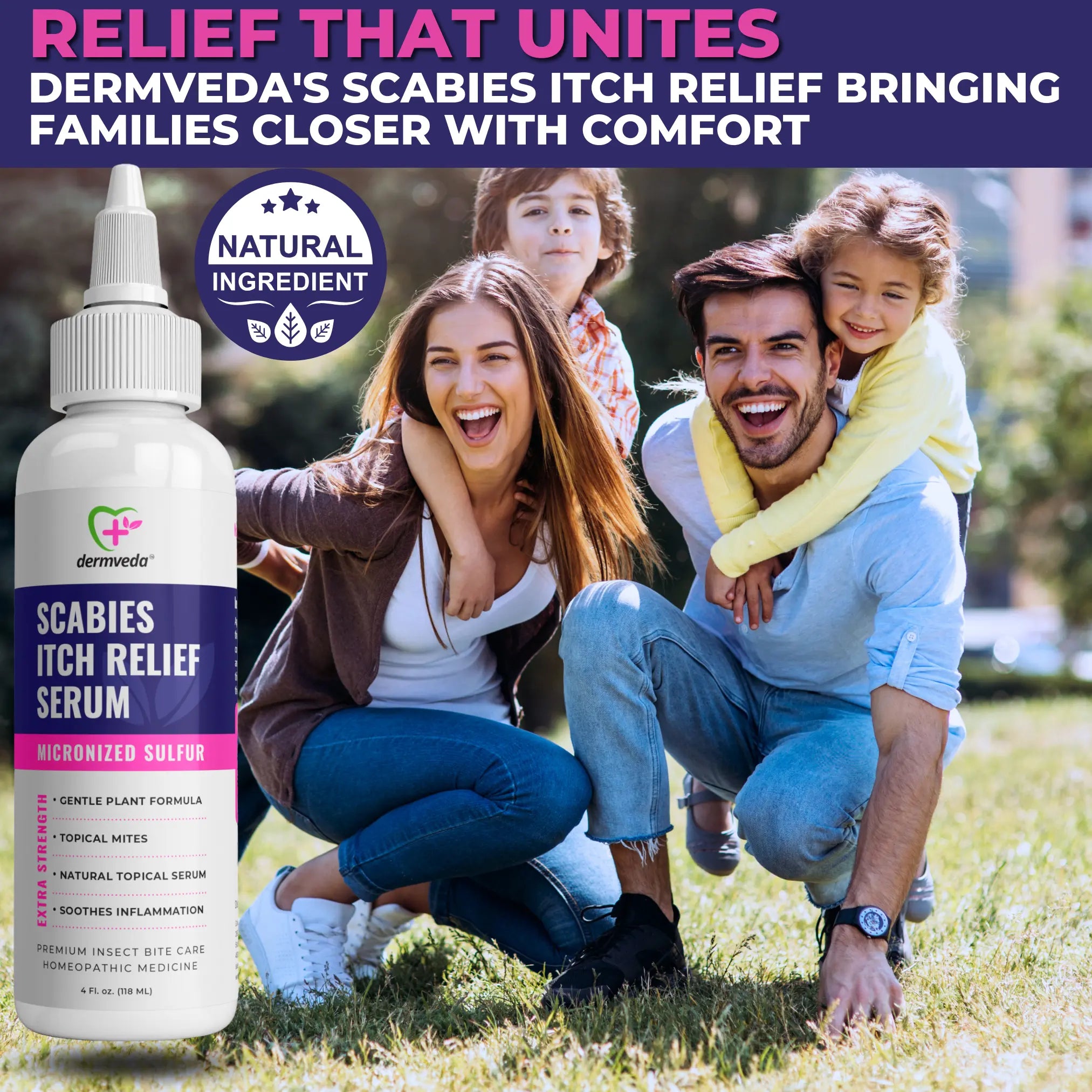 Dermveda Scabies Itch Relief serum with natural ingredient for topical mites relief.