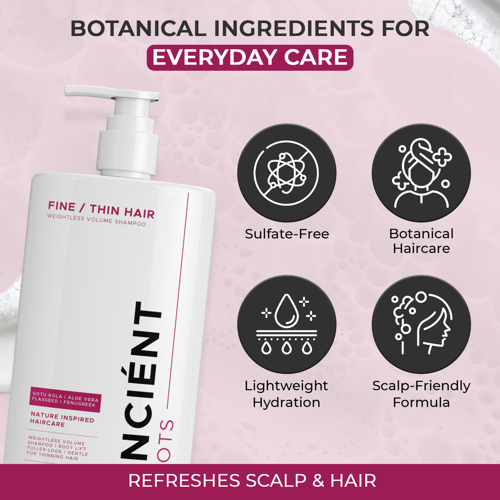 Ancient Roots Shampoo for Fine or Thin Hair, Weightless Volume Shampoo with Gotu Kola, Aloe Vera, Flaxseed and Fenugreek, 8 Fl Oz