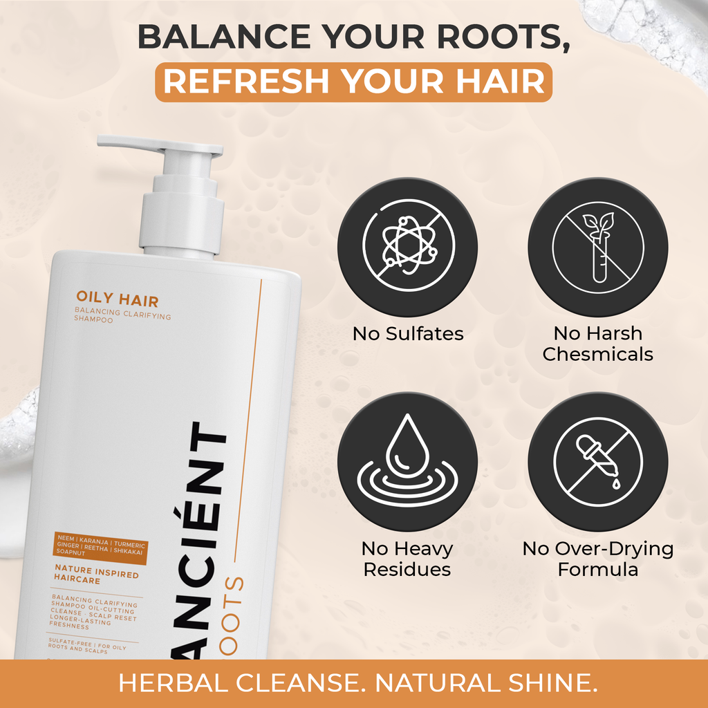 Ancient Roots Balancing Clarifying Shampoo with Neem, Karanja, Turmeric, Ginger, Reetha and Shikakai for Oily Roots and Scalp, 8 Fl Oz