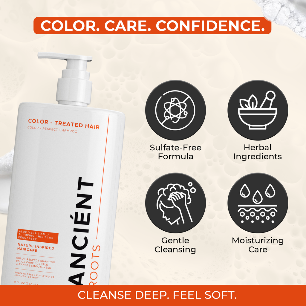 Ancient Roots Color-Respect Shampoo for Color-Treated Hair, Sulfate Free Shampoo, Aloe Vera Reetha Shikakai Amla Turmeric, Gentle Cleanse Smoothness Shine Support, 8 Fl Oz