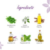 List of ingredients including Azadirachta Indica, Sweet Indrajao Oil, Sweet Flag Oil, Karanja Oil, Peppermint Oil, and Olive Oil on a white background.