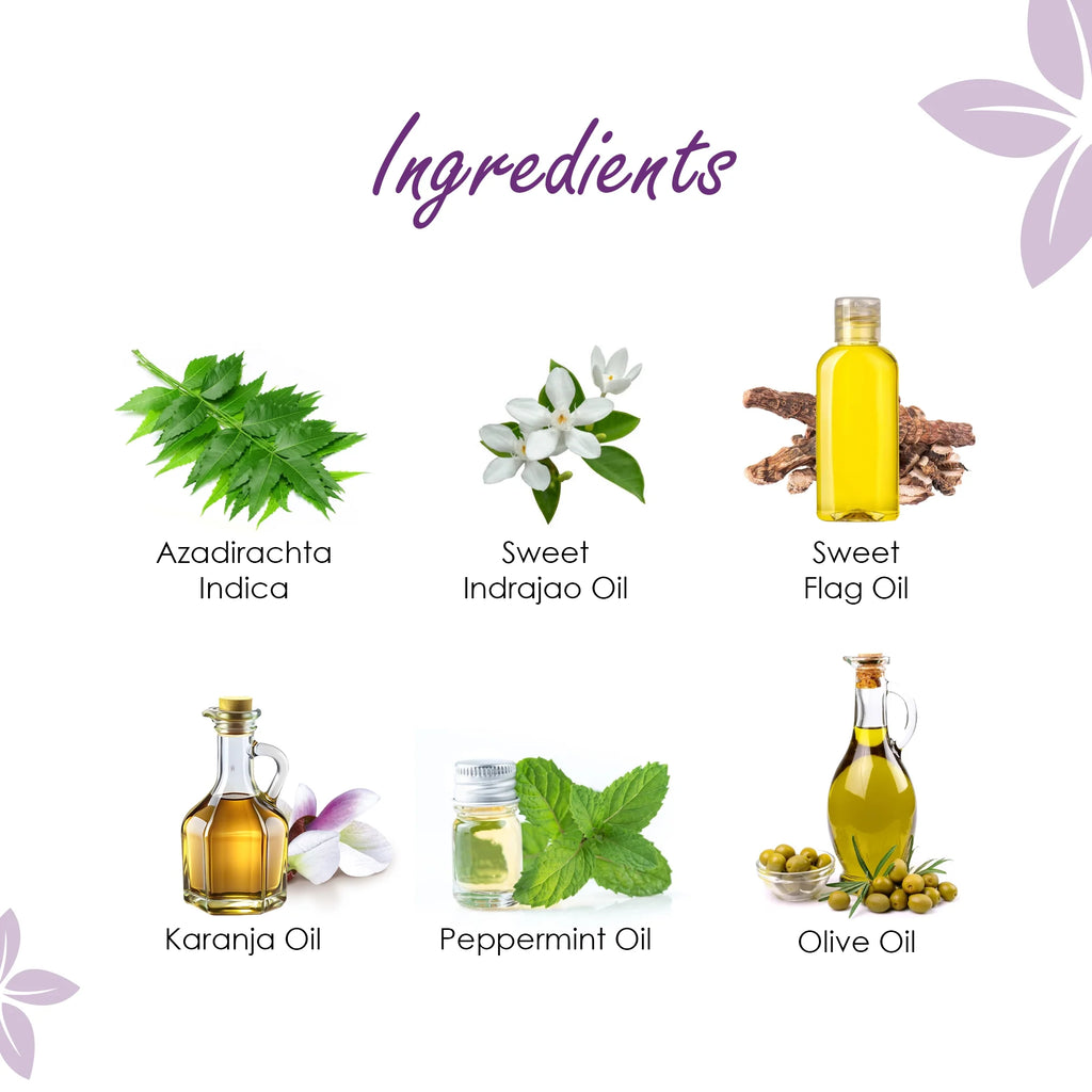 List of ingredients including Azadirachta Indica, Sweet Indrajao Oil, Sweet Flag Oil, Karanja Oil, Peppermint Oil, and Olive Oil on a white background.