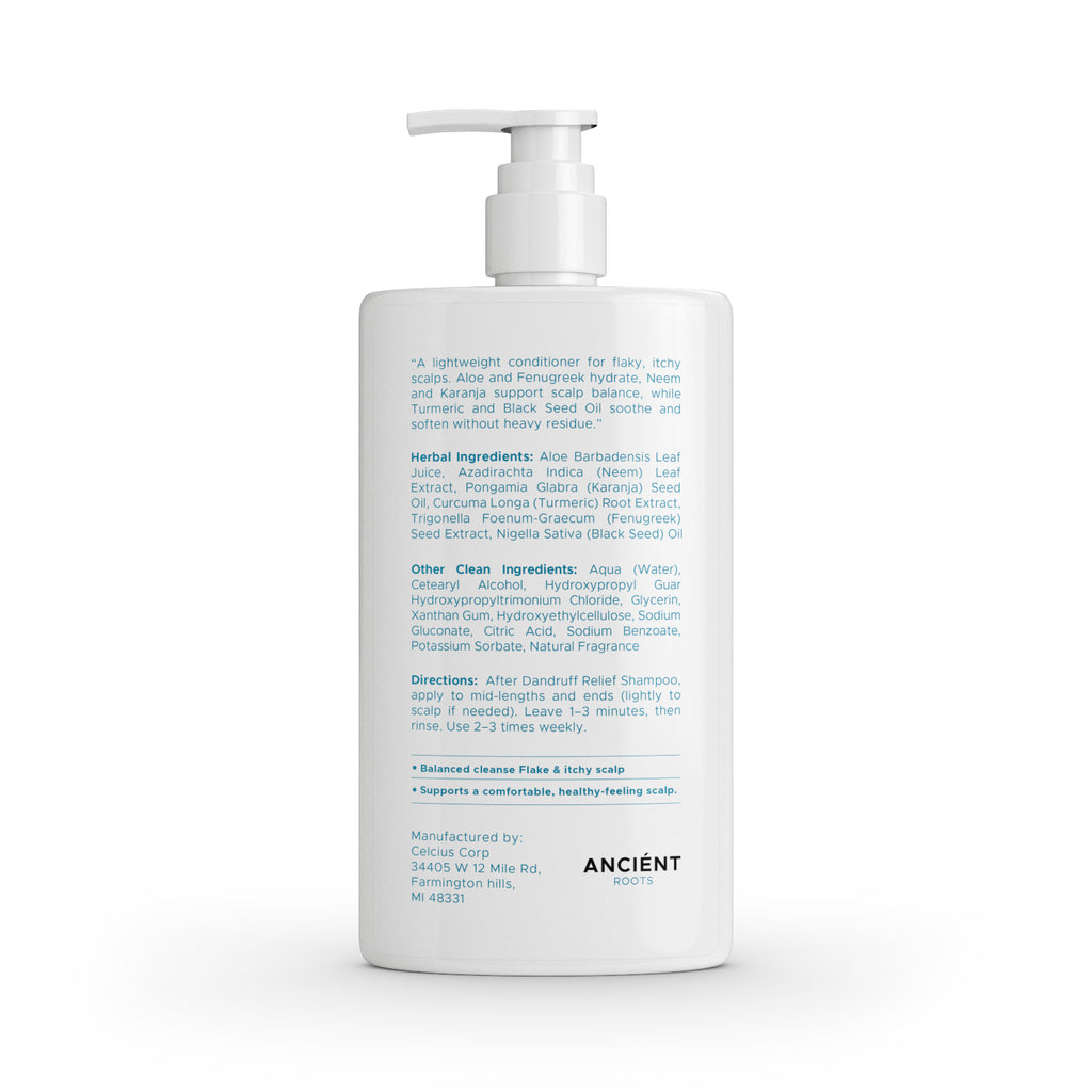 Ancient Roots Dandruff Relief Conditioner for Flaky Itchy Scalp, with Neem Karanja Turmeric Aloe Fenugreek Black Seed, Lightweight Detangling Scalp Comfort, 8 Fl Oz