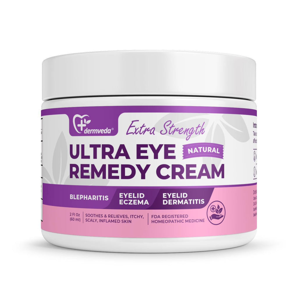 Dermveda Ultra Eye Remedy Cream jar with purple and white label on a white background