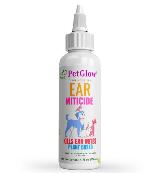 PetGlow ear miticide treatment for dogs and cats, plant based formula.