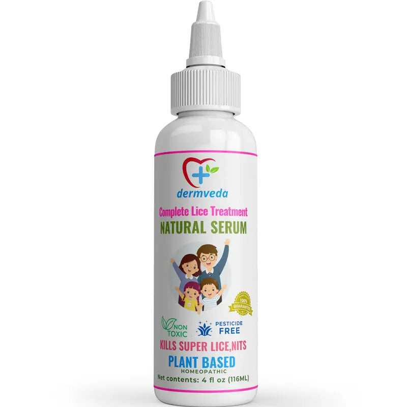 Dermveda Natural Serum bottle; non-toxic lice treatment for kids and adults.
