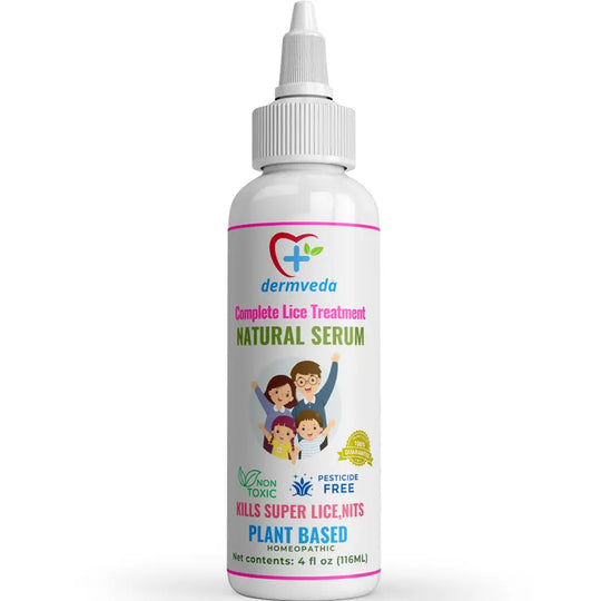 Dermveda Natural Serum bottle; non-toxic lice treatment for kids and adults.