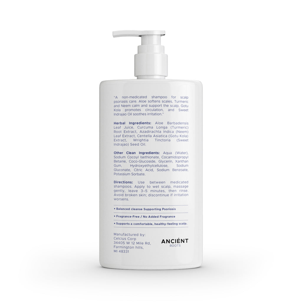 Ancient Roots Psoriasis Support Shampoo for Dry Flaky Scalp, Comforting Scalp Shampoo with Aloe Vera, Turmeric, Neem, Gotu Kola and Sweet Indrajao, 8 Fl Oz