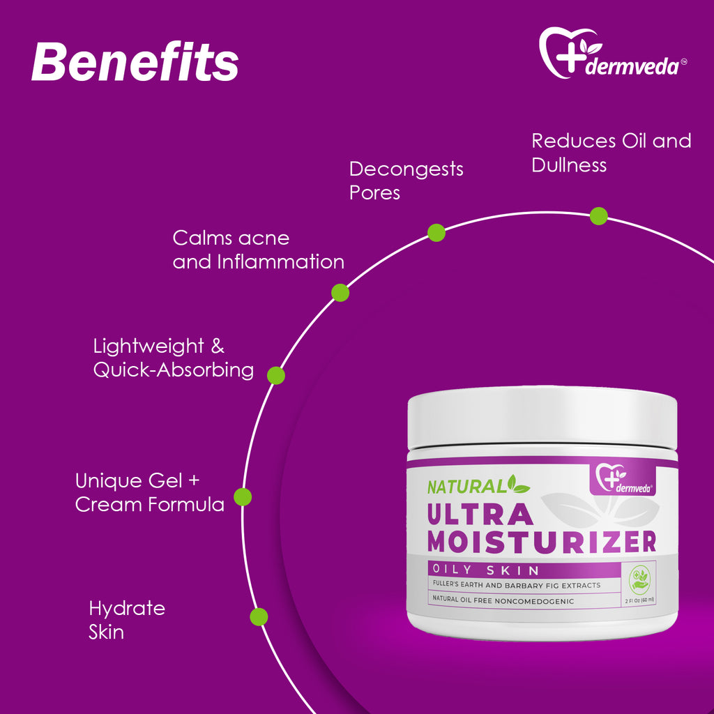 Dermveda Ultra Moisturizer for Oily Skin, Oil-Free Hydration with Fuller's Earth and Barbary Fig Extract - Non-Comedogenic Formula for Skin