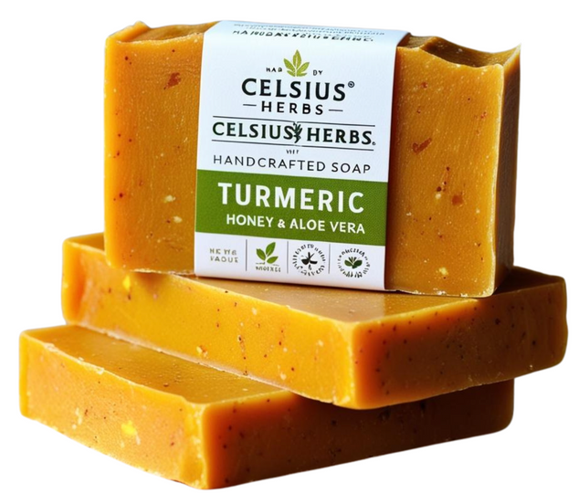 Celsius Herbs turmeric honey aloe vera soap on a white background