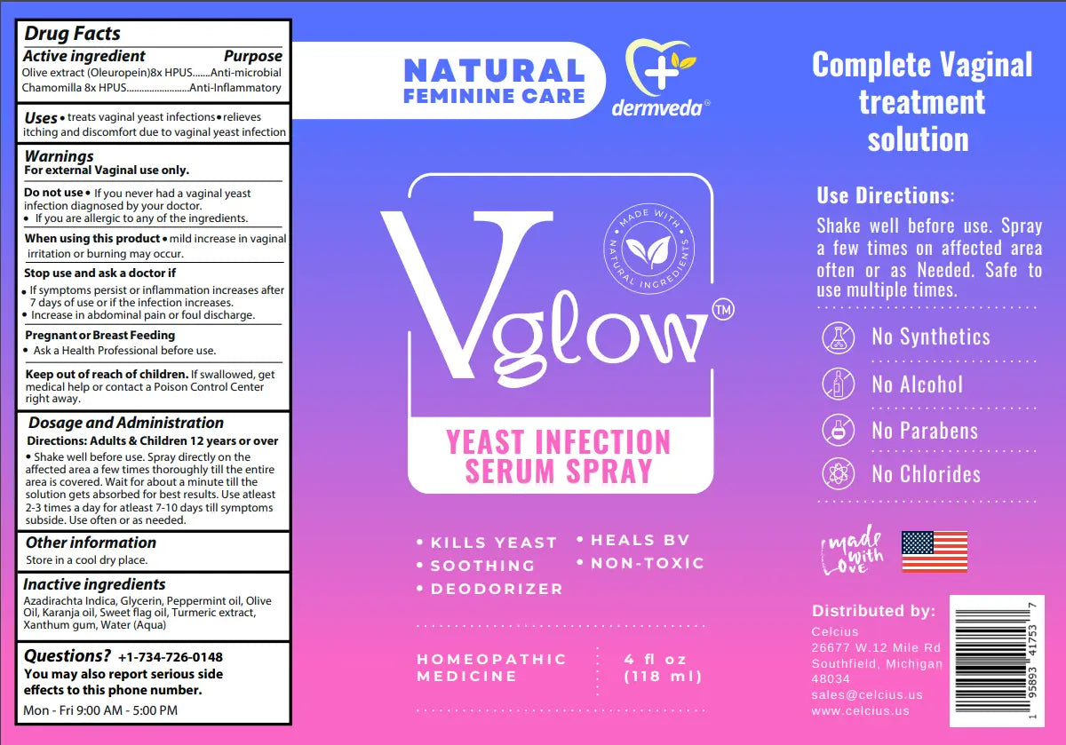 Dermveda Vglow serum spray for yeast infection odor and itch relief