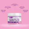 Ultra Eye Remedy Cream jar with pink background and text highlighting benefits