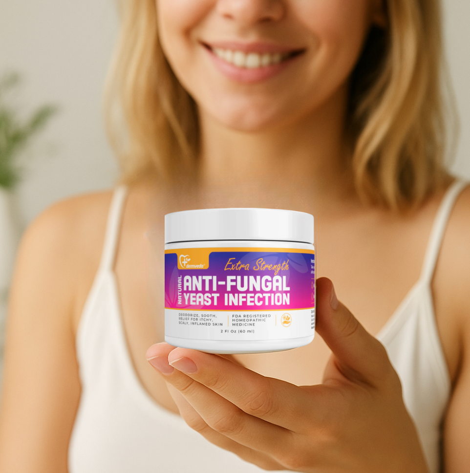 Woman holding Dermveda Yeast infection treatment cream