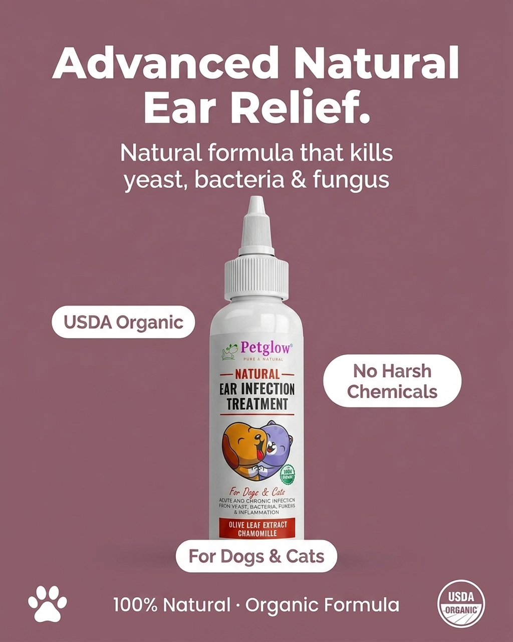 Dog Ear infection treatment solution for Yeast, itch and odor. Natural Canine ear infection by Petglow 4 fl oz