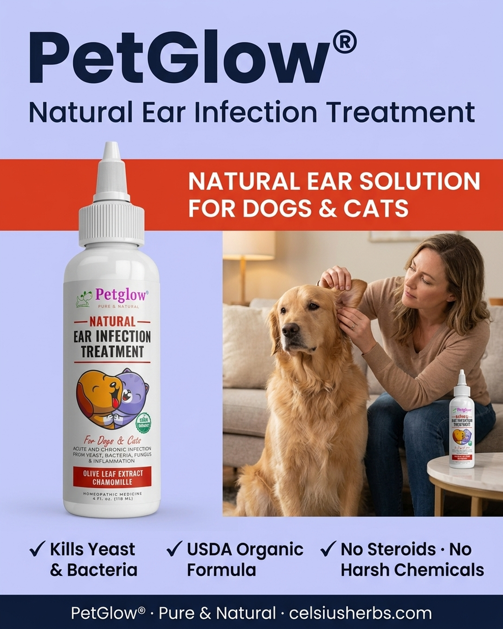 Dog Ear infection treatment solution for Yeast, itch and odor. Natural Canine ear infection by Petglow 4 fl oz